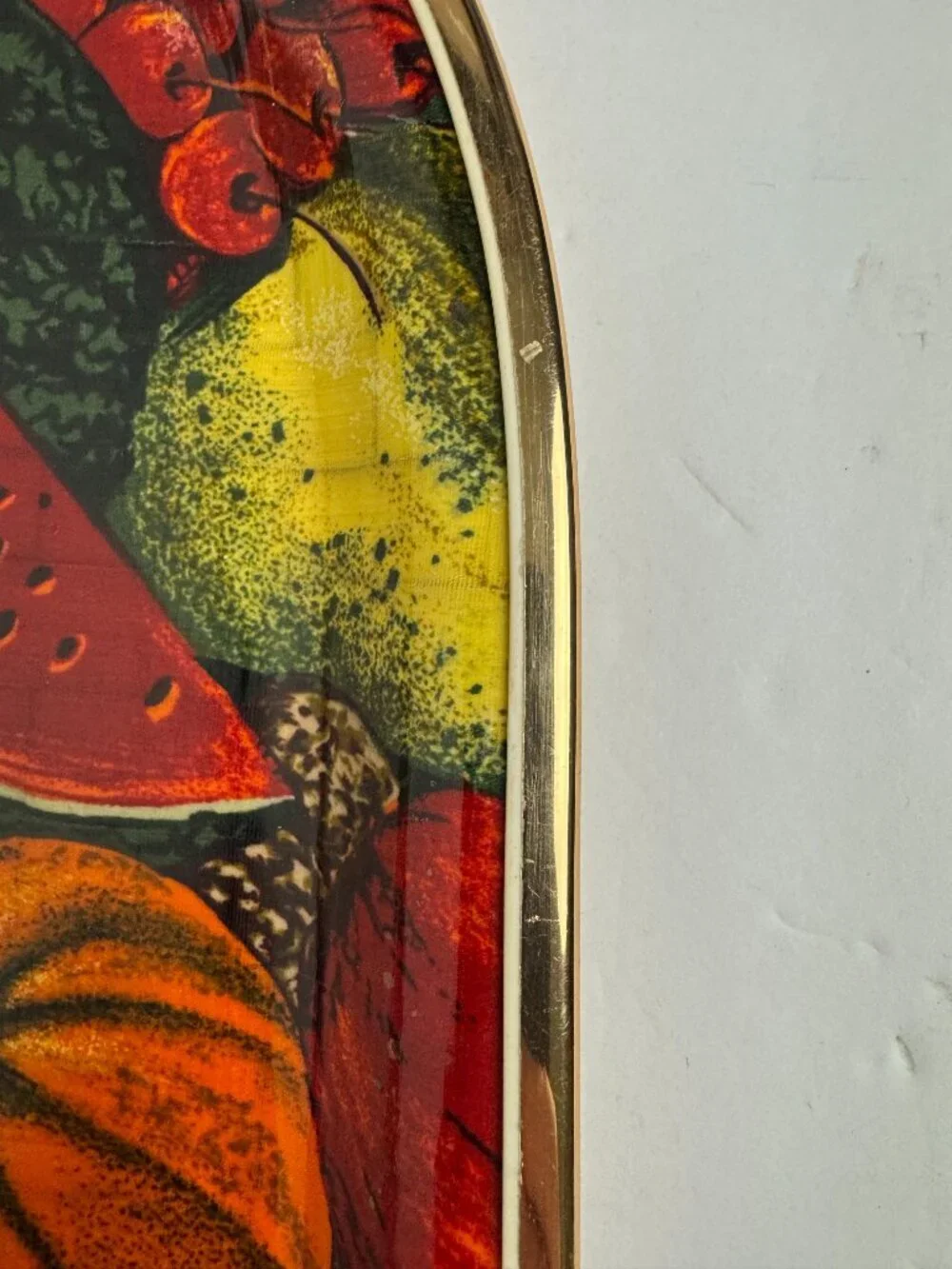 Vintage Mid Century Oval Serving Tray Fruit Still Life Gold Metal Rim Decor